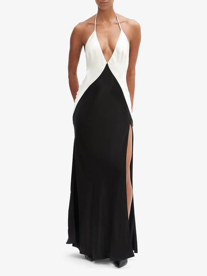 Sexy Bold Contrast V-Neck Backless Maxi Dress