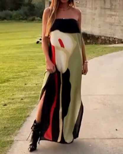 Fashion Art Print Strapless Split Dress