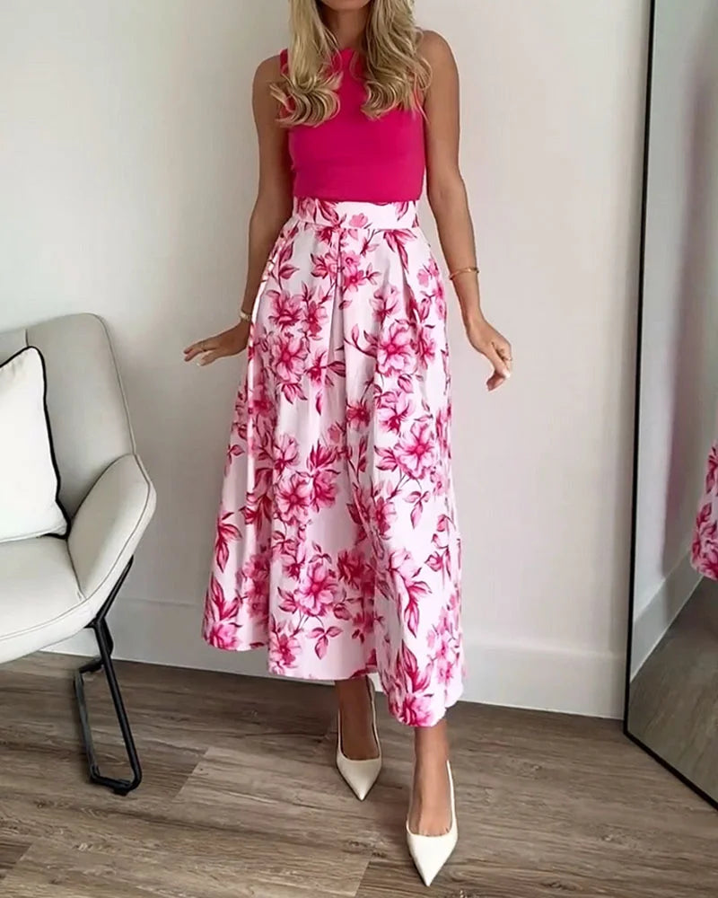 Elegant Tank Top & Printed Skirt Two-Piece Set