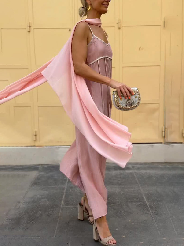 Elegant Draped Spaghetti Strap Maxi Dress With Scarf