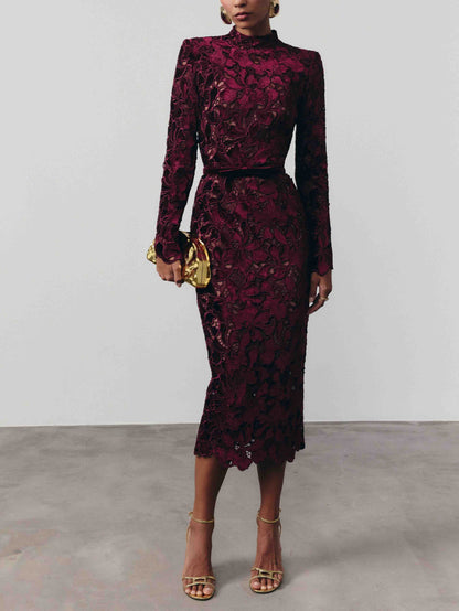 Elegant Embroidered Lace High-Neck Midi Dress