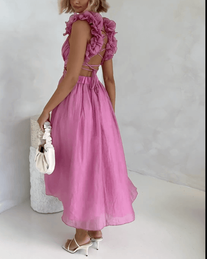 Floral Ruffle Detail Back Lace-Up Elastic Waist Maxi Dress