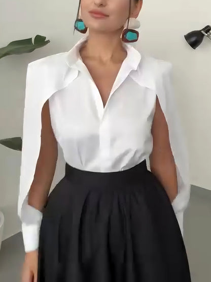 Elegant Cape-Shoulder Shirt And Asymmetrical A-Line Midi Skirt Set