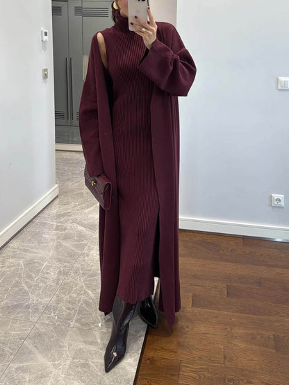 Elegant High-Neck Ribbed Knit Sleeveless Maxi Dress