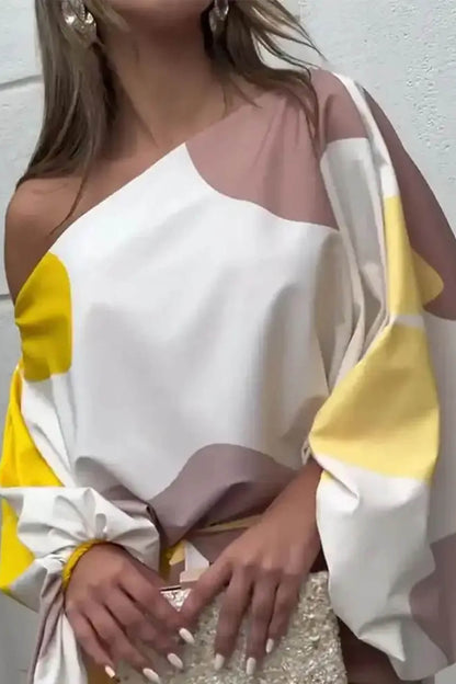 Fashionable Elegant Printed Ruched Lantern Sleeve Loose Blouse