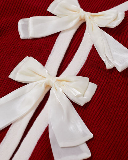 Backless Contrast Knit Top Featuring Bow Tie Detail Set