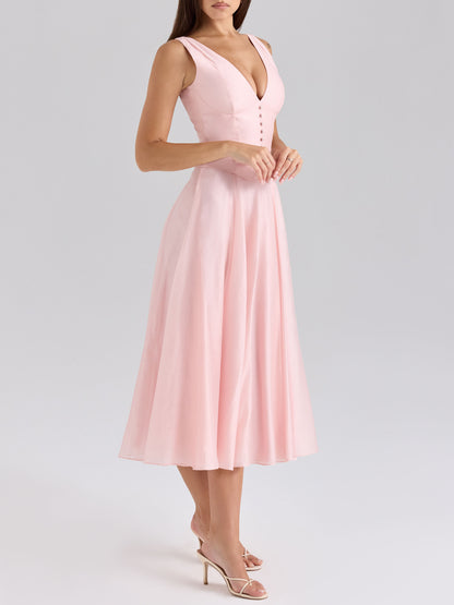 Elegant V-neck Chiffon Button Midi Dress