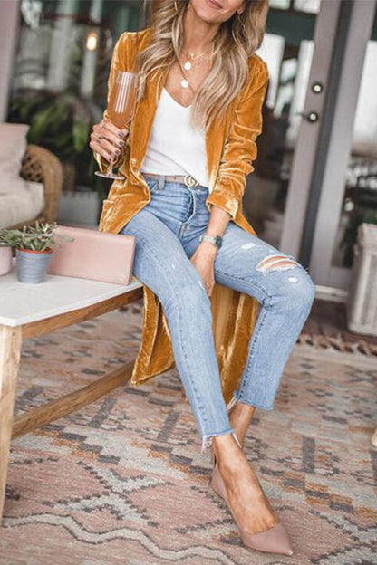 Stylish Open Front Long Sleeve Velvet Long Coat