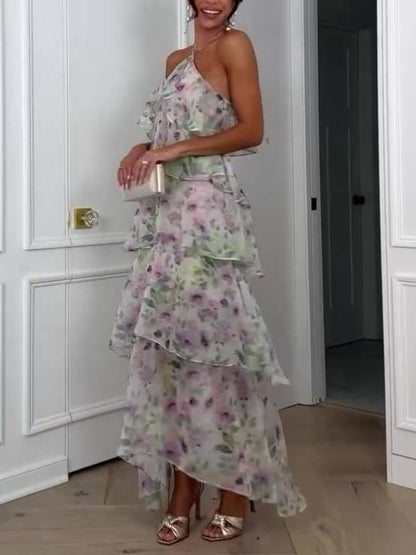 Halter Neck Multi-Layered Ruffle Floral Print Dress
