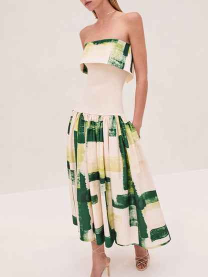 Elegant Printed Strapless Ribbed Bodycon Midi Dress