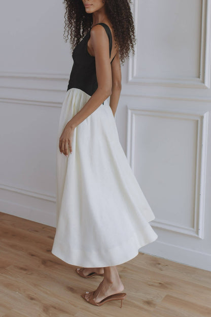 Exquisite Black and White Colorblock Pleated Pocket A-Line Midi Dress