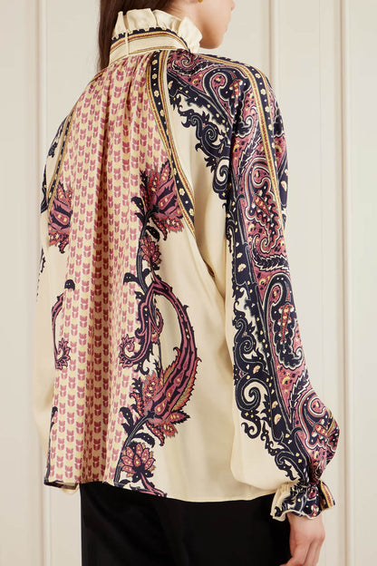 Exquisite Bow Ruffle Floral Printed Satin Twill Blouse