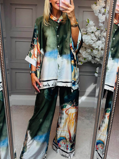 Unique Satin Roman Print Elastic-Waist Wide-Leg Pants