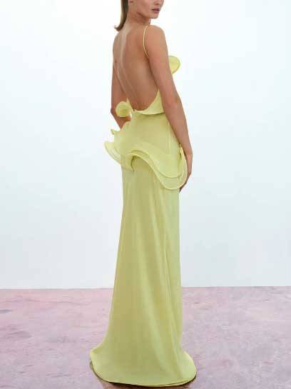 Playful Curled Hem Slim Fit Maxi Dress