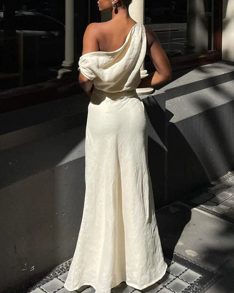 Chic slanted shoulder cotton and linen two-piece set