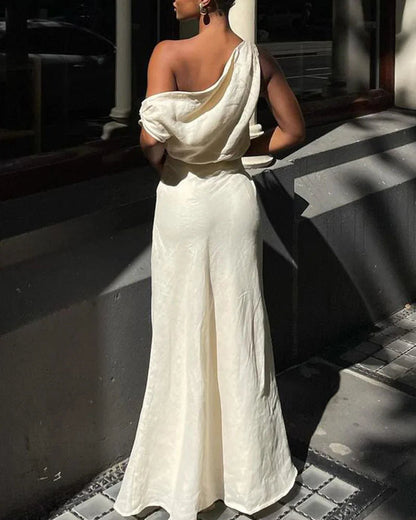 Chic slanted shoulder cotton and linen two-piece set