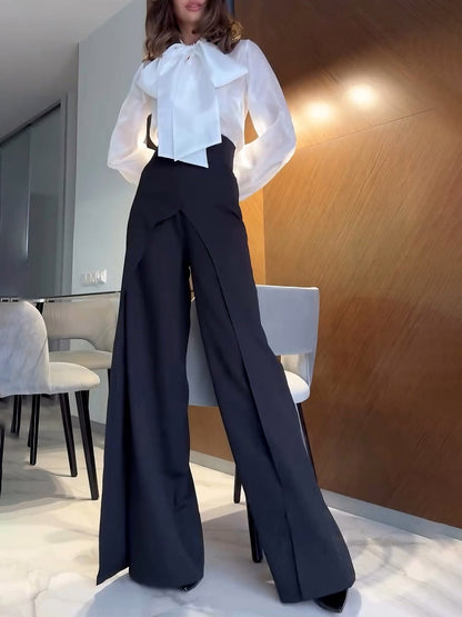 Elegant Tie-waist Sheer Shirt And Pants Two-piece Set