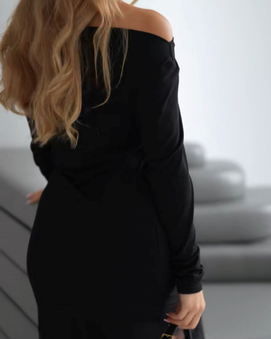 Off-Shoulder Lace Panel Long-Sleeve Waist Dress