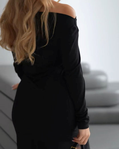 Off-Shoulder Lace Panel Long-Sleeve Waist Dress