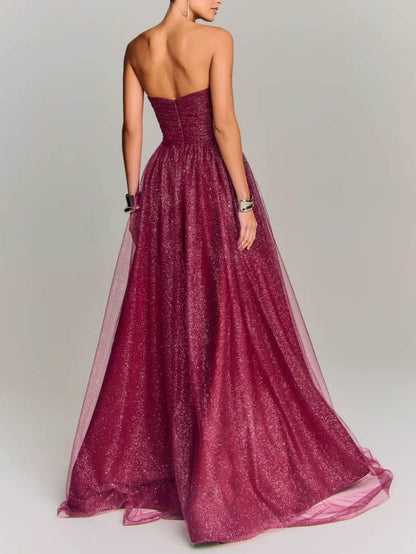 Elegant Mesh Pleated Maxi Party Dress