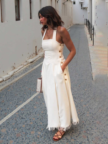 Elegant Square Neck Side Button Sleeveless Maxi Dress