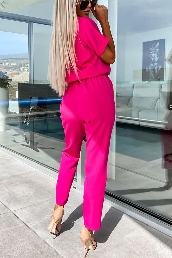 Metal Cutout Neck Belted Pocketed