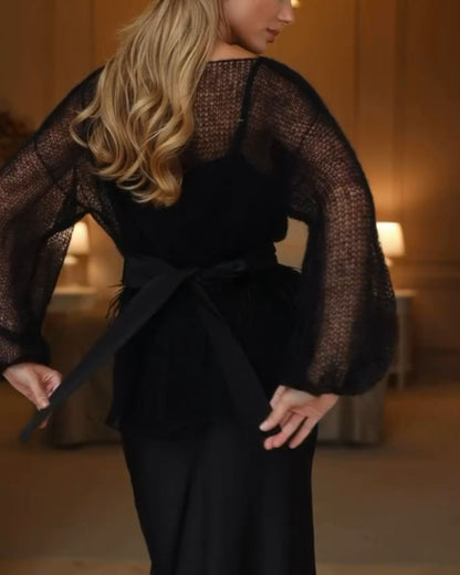 Black Mesh-Panel Long-Sleeve Two-Piece Maxi Set