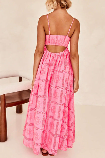 Spaghetti Strap Cut Out Waist Printed Maxi Swing Dress