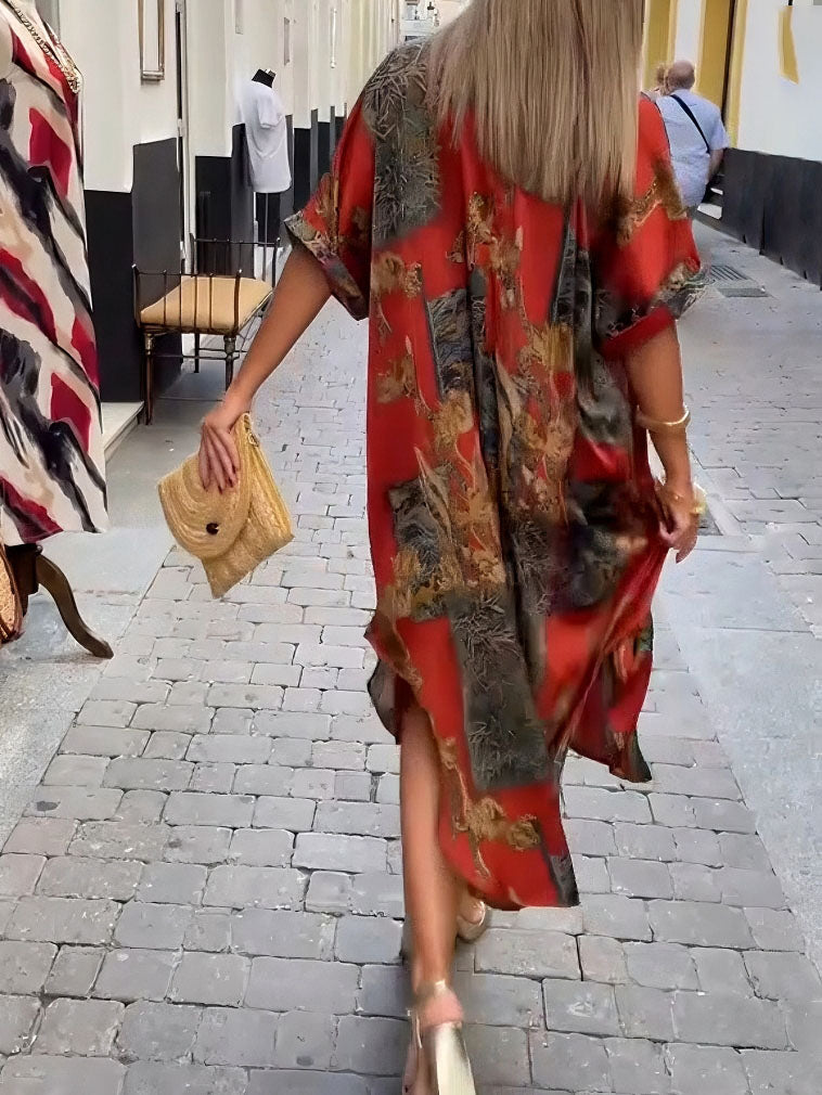 Retro Satin Print V-Neck Shirt Midi Dress