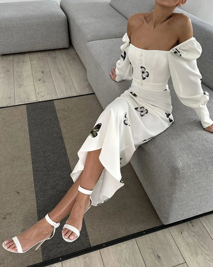 Elegant Square Neck Butterfly Print Fishtail Dress
