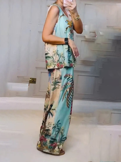 Unique Palm Tree Print Elastic Waist Loose Wide-Leg Pants