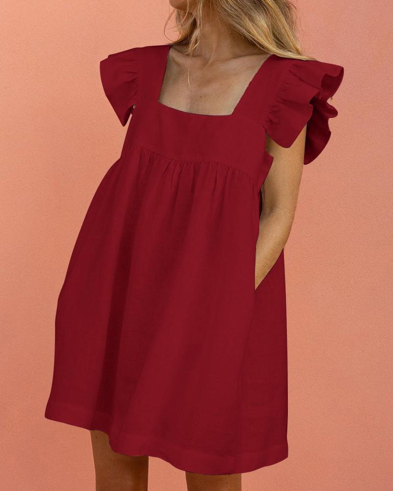 SWEET SQUARE NECK RUFFLE SLEEVE MINI  DRESS