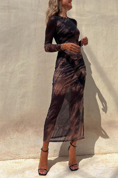 Mesh Overlay Tie Dye Print Long Sleeve Ruched Stretch Midi Dress