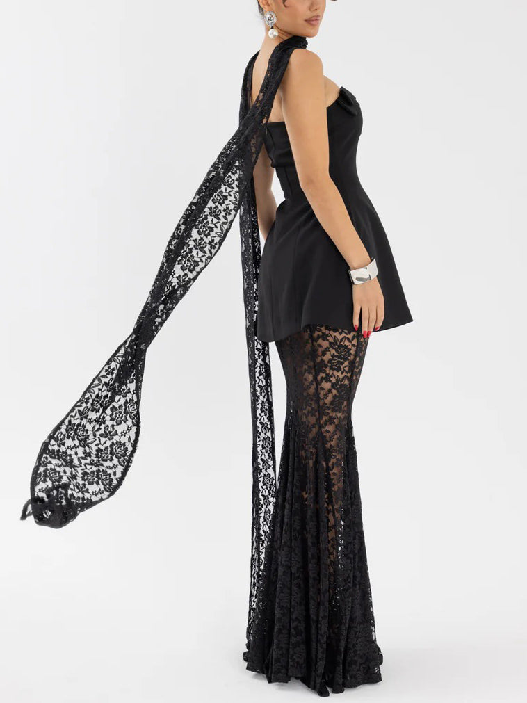 Elegant Strapless Mini Dress And Lace Maxi Skirt Set