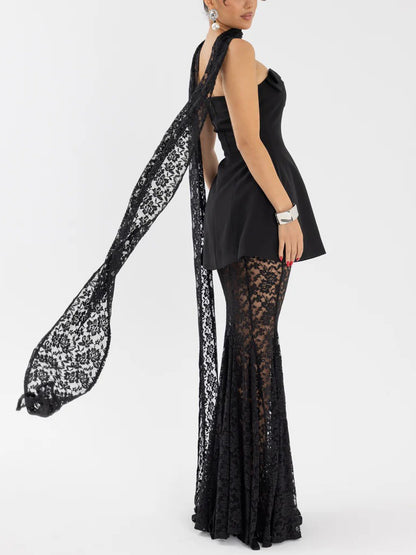 Elegant Strapless Mini Dress And Lace Maxi Skirt Set