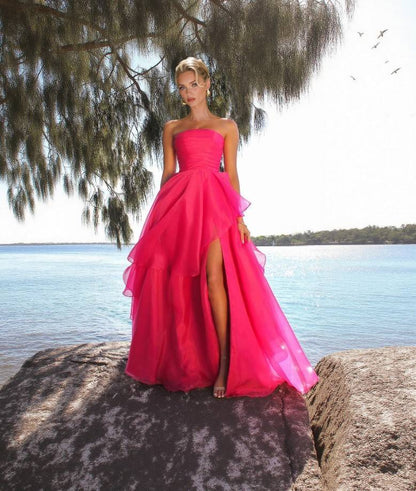 Tube Top Front Slit Multi-layer Maxi Dress