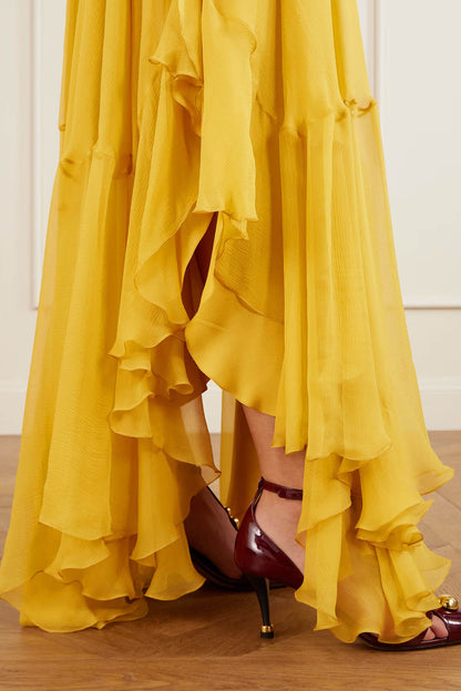 Exquisite Asymmetrical Ruffle-Trimmed Maxi Dress