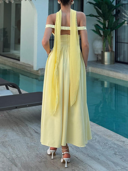Elegant Low-cut V-neck Open-back A-line Maxi Dress