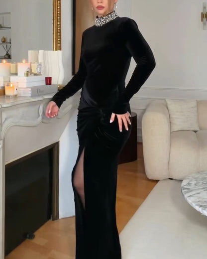 Elegant Black Velvet Rhinestone Mock Neck Ruched High Slit Maxi Dress