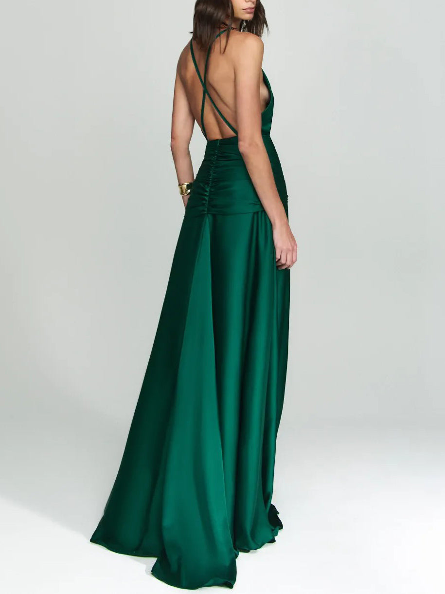 Elegant V-Neck Satin Tie-Waist Floor-Length Slip Dress
