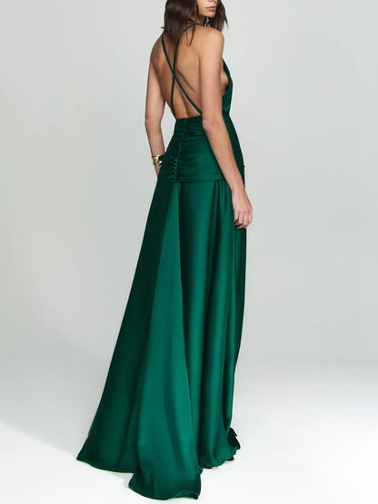 Elegant V-Neck Satin Tie-Waist Floor-Length Slip Dress