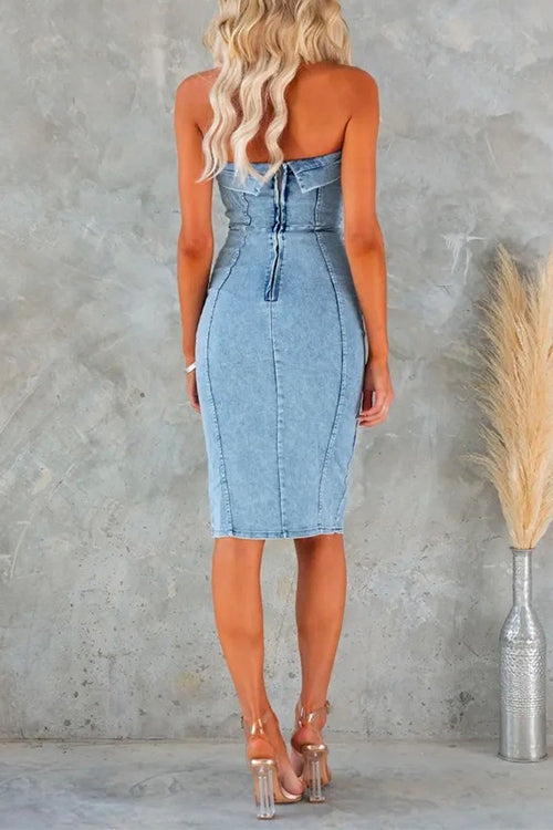 Strapless Waisted Slit Knee Length Bodycon Denim Dress