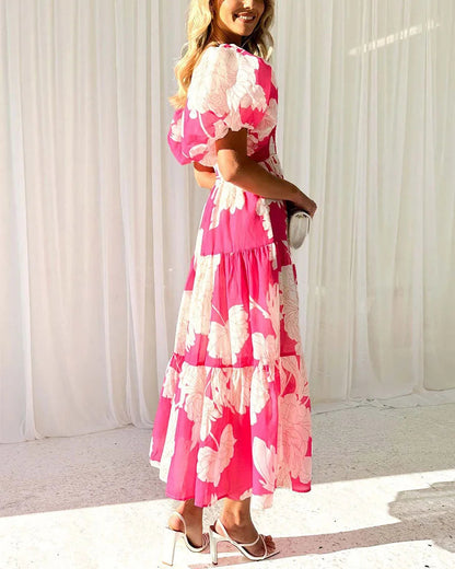 Elegant printed one-shoulder puff-sleeve dress