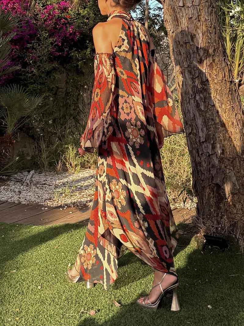 Retro Bohemian Geometric Print Convertible Sleeve Maxi Dress