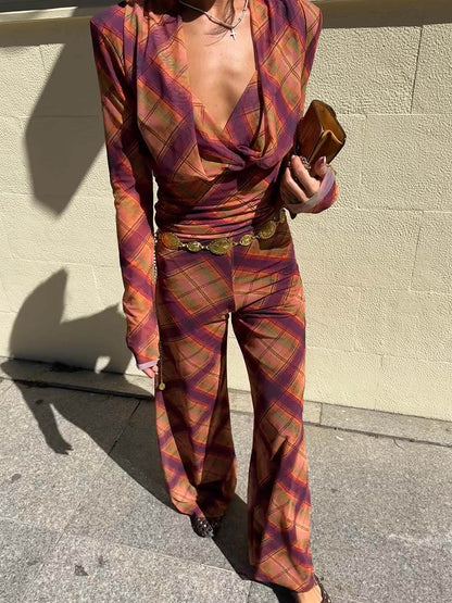 Unique Plaid Print Sheer V-Neck Top