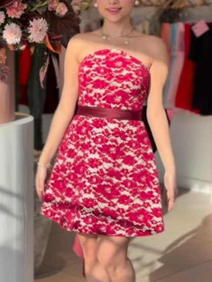Elegant Strapless Lace Bow Mini Dress
