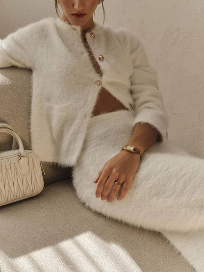 Elegant Knitted Cardigan And Skirt Suit