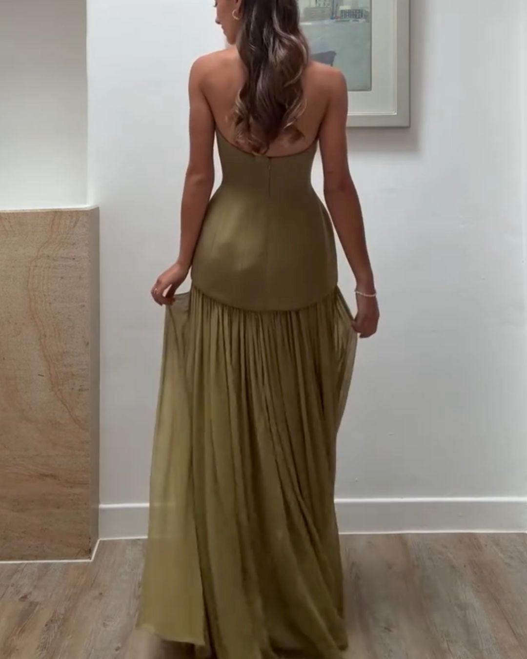 Green Strapless Top Flowing High-Waist Maxi Skirt Set