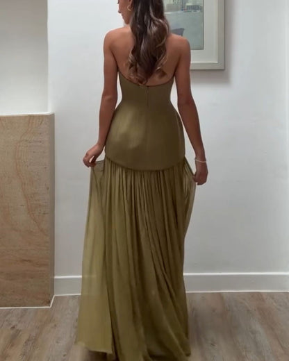 Green Strapless Top Flowing High-Waist Maxi Skirt Set