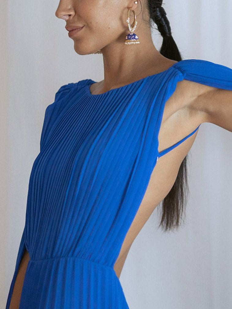 Elegant Open Back Ribbon Pleated Party Maxi Dress